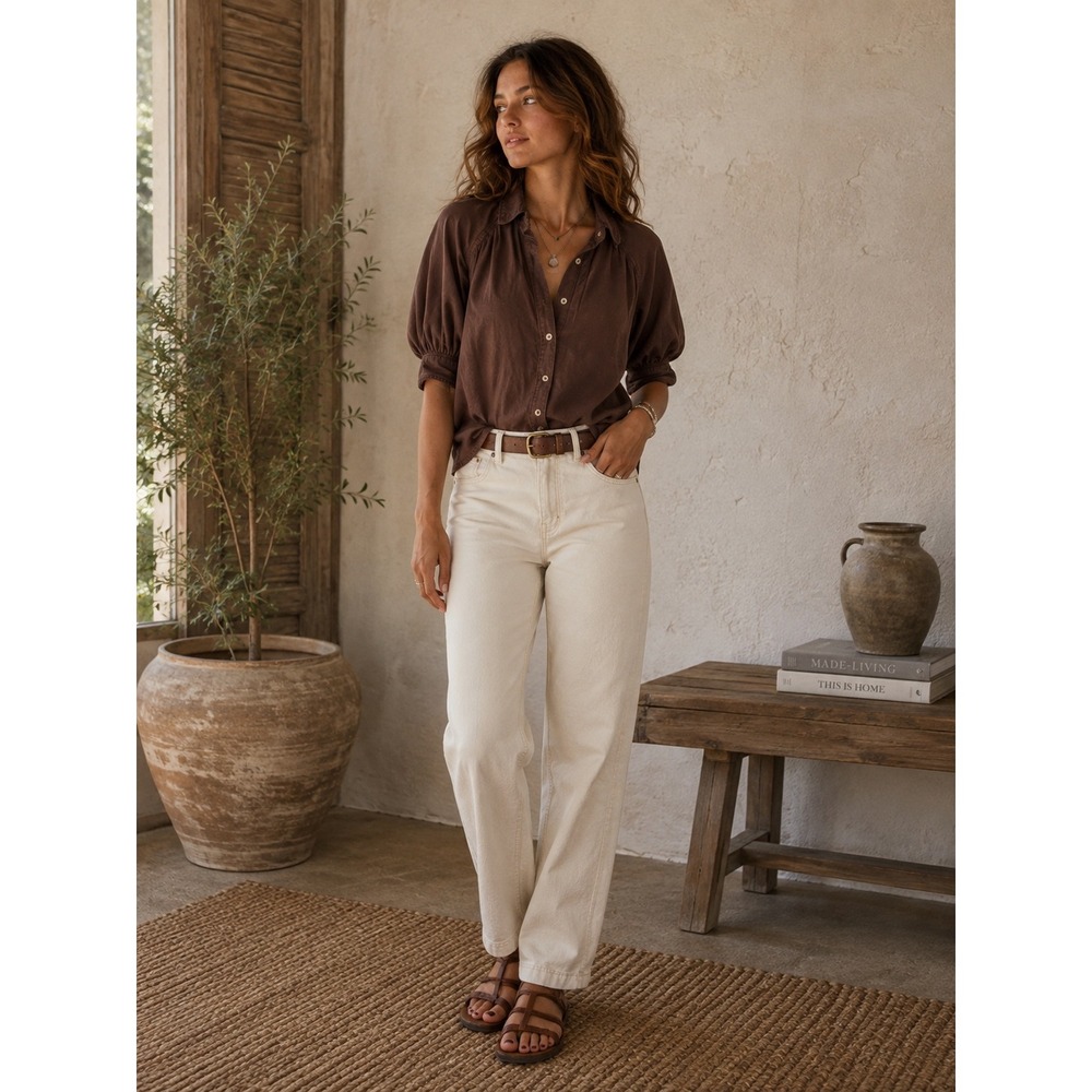 We The Free Free People Brown Cotton Puff Sleeve Button Down Shirt XS OB1803111